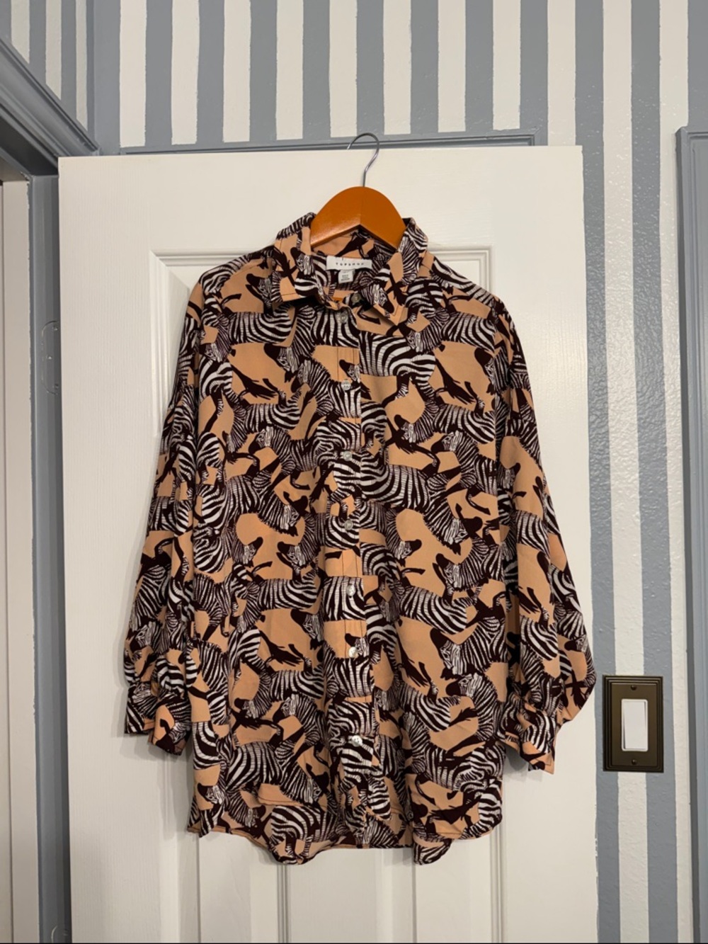 Topshop Zebra Print Boxy Button-Down Shirt in Tan and Black